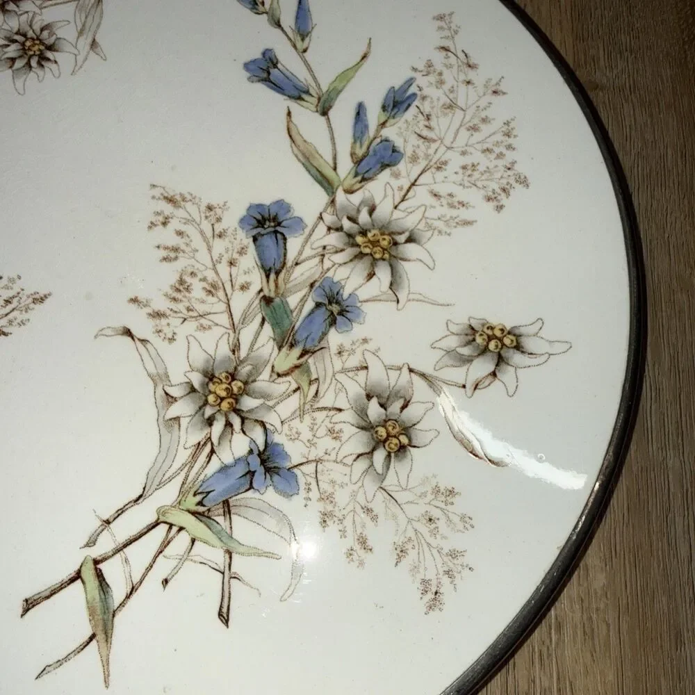antique cake stand earthenware tile with a fitted with a nickel frame